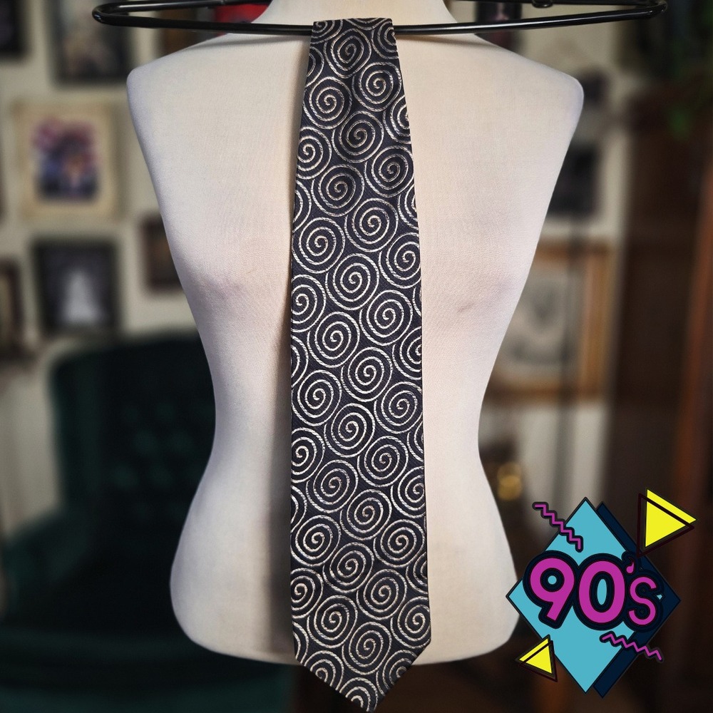 Structure Silk Tie Vintage 90s Mens Black Silver Swirl Geometric Geometric USA